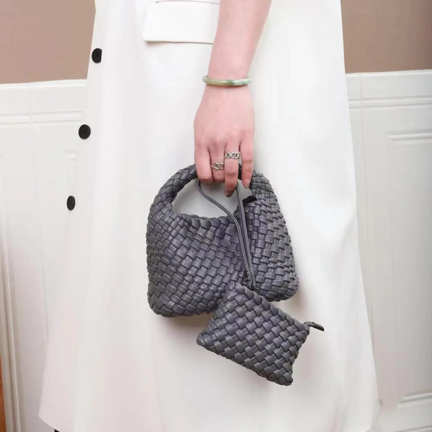 JINMANXUE Fashion Handbag for Women, Woven Tote Bucket Composite Bag, Knitting Chain Crossbody Shoulder Purse