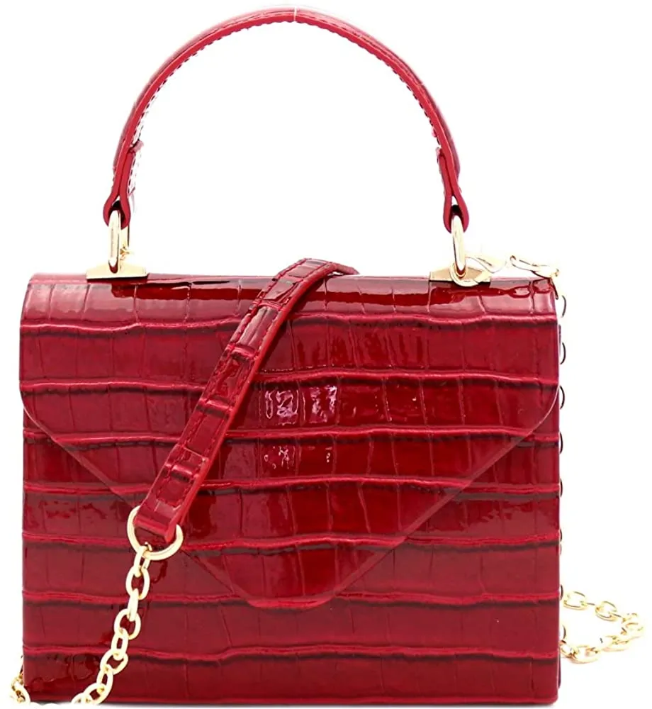 Mini Retro Glossy Crocodile Black Box Flap leather Satchel Crossbody Handbag