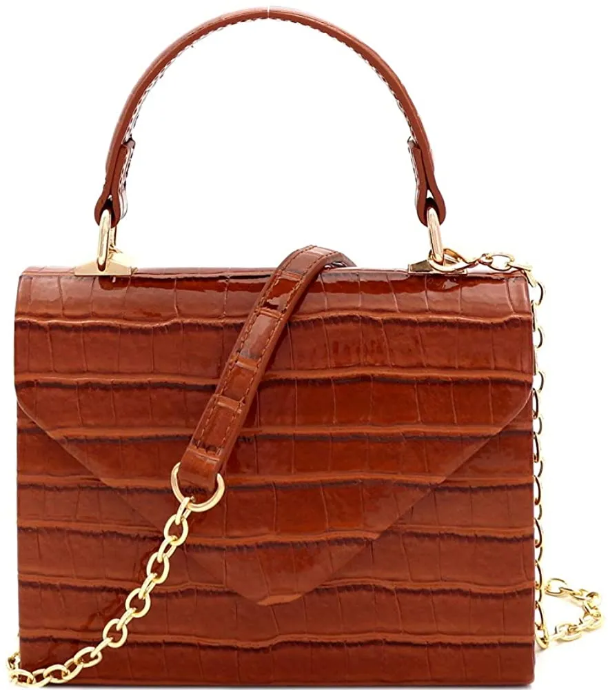 Mini Retro Glossy Crocodile Black Box Flap leather Satchel Crossbody Handbag