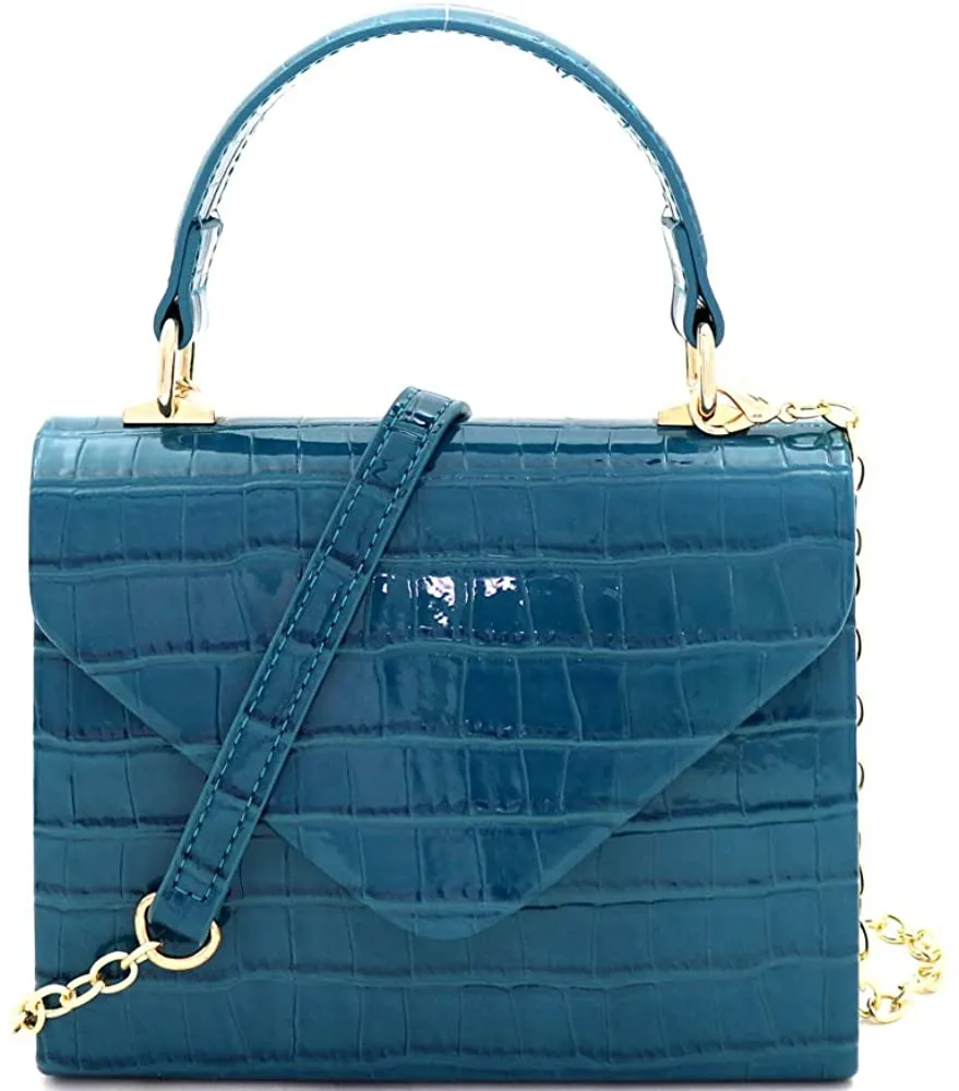 Mini Retro Glossy Crocodile Black Box Flap leather Satchel Crossbody Handbag