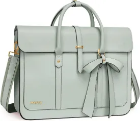 MOSISO Laptop Bag for Women, 15-15.6 inch PU Leather Laptop Shoulder Bag Convertible Backpack, 16 inch Messenger Bag Casual Handbag Work Briefcase Travel Computer Bag with Bowknot, Sage Green