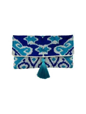 Multi Blue Velvet Clutch with Removable Chain