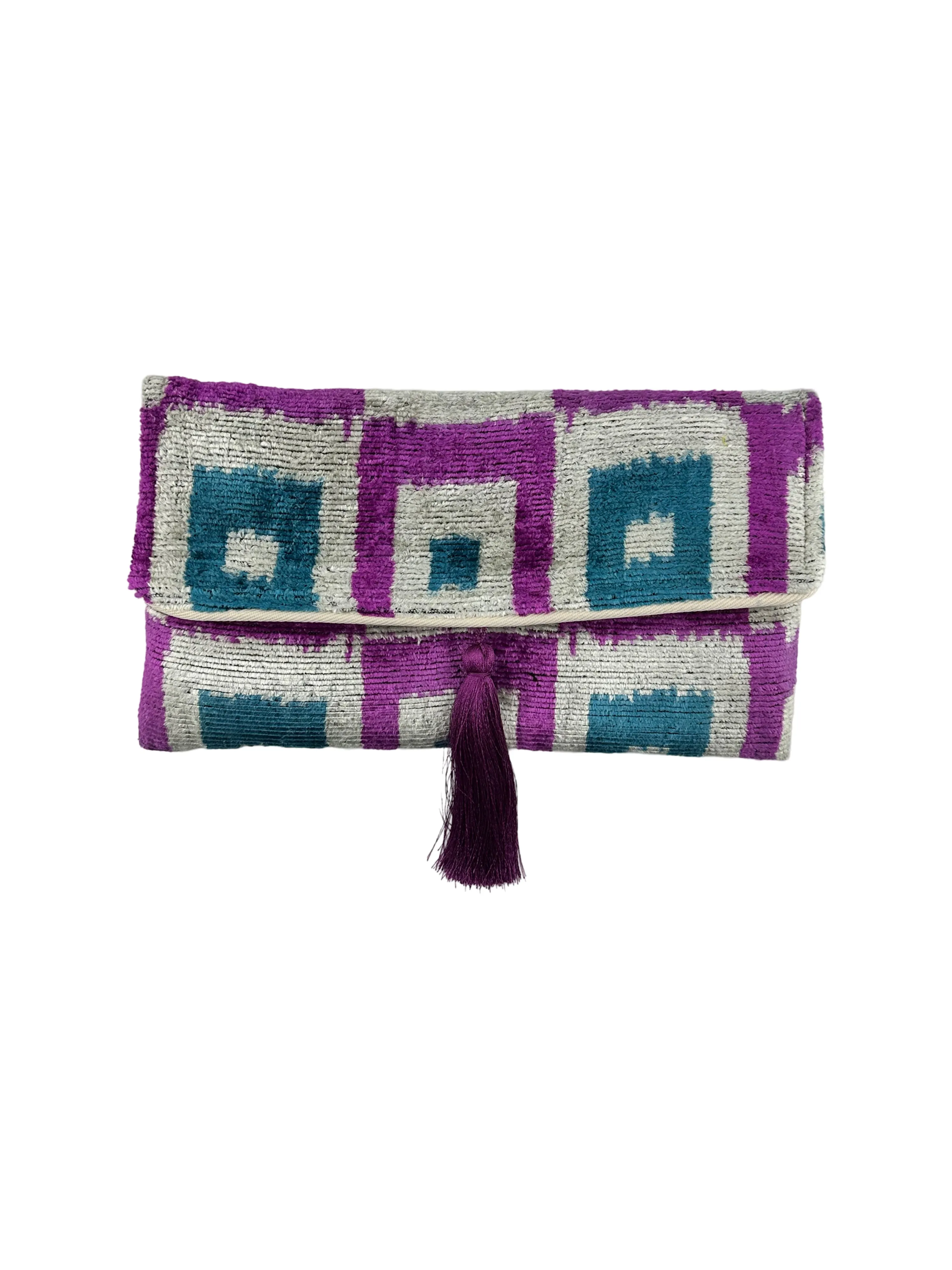 Purple and Blue Squares Velvet Clutch with Removable Chain