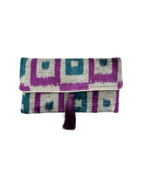 Purple and Blue Squares Velvet Clutch with Removable Chain