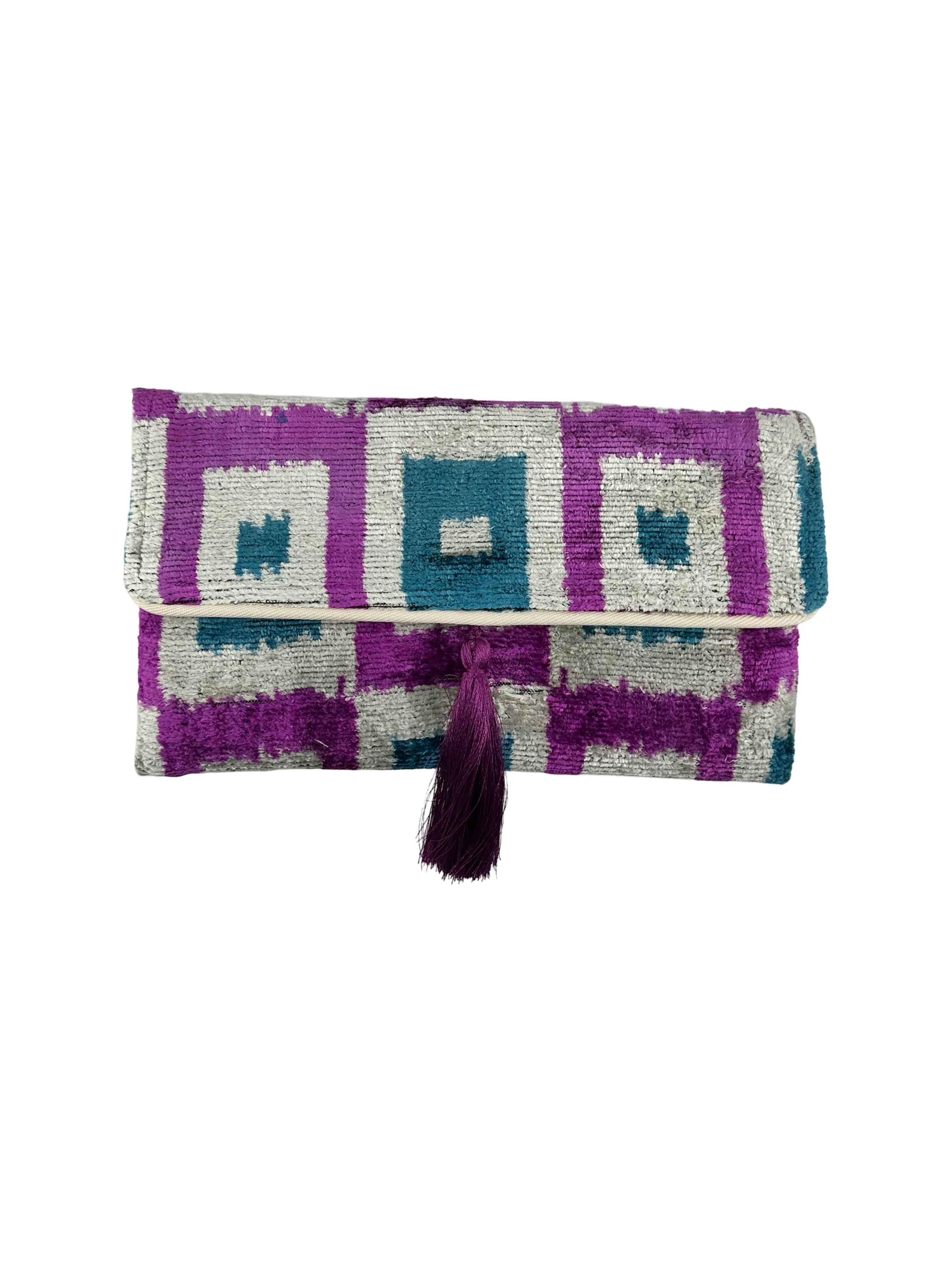 Purple and Blue Squares Velvet Clutch with Removable Chain