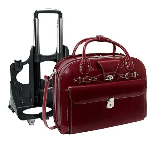 Removable Wheeled Laptop Briefcase, Leather, Mid-Size, Red - ROSEVILLE | McKlein - 96646