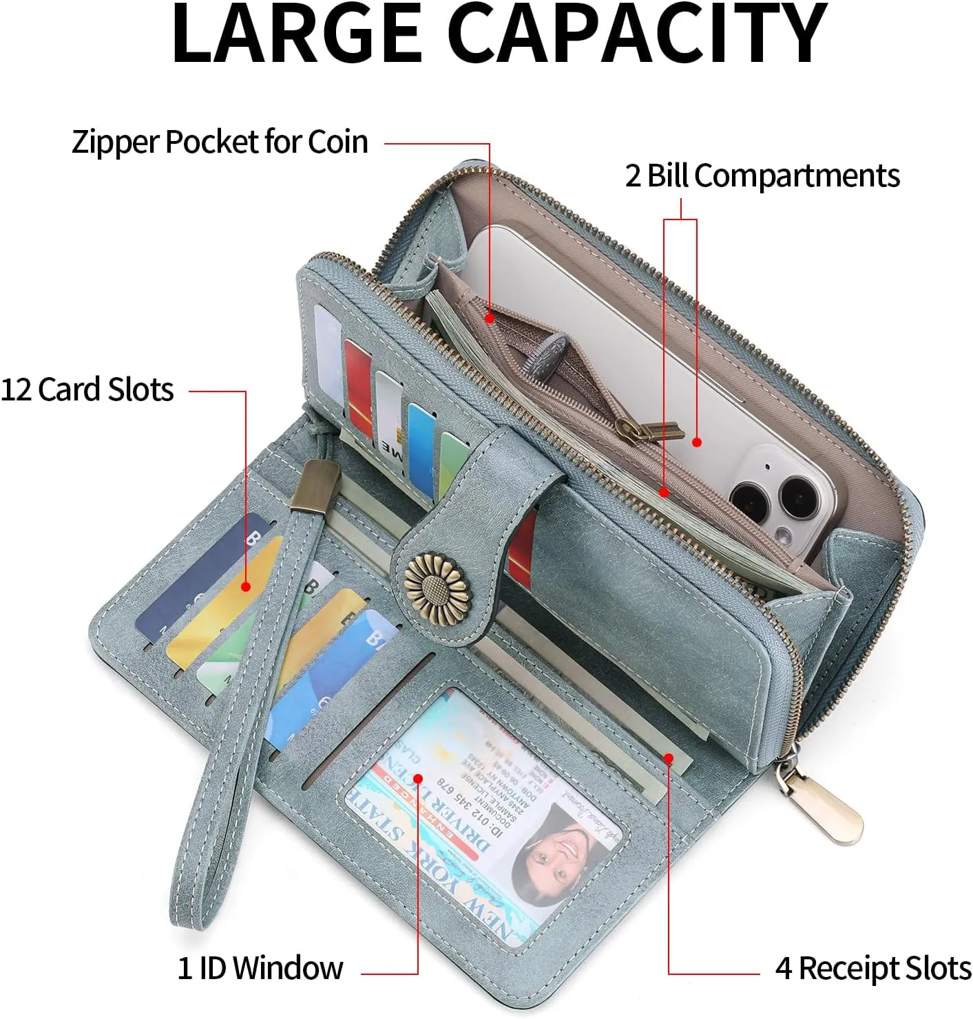 SENDEFN Wallet for Women RFID Blocking Leather Clutch Long Purse Large Capacity Credit Card Holder Wristlet