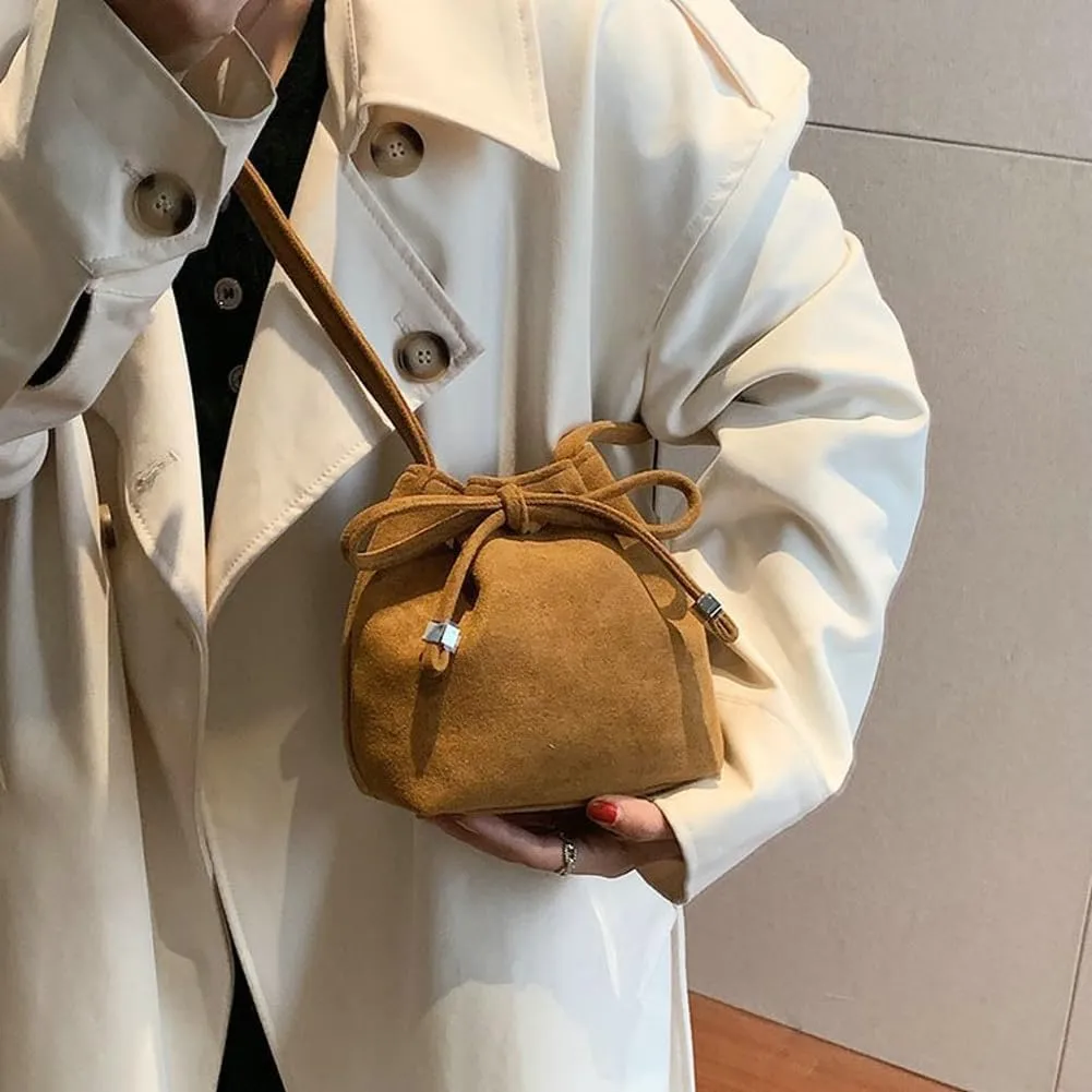 Stylish Bow Bucket Bag Shoulder Handbag Crossbody Bag with Drawstring Pleated Suede Mini Satchel Purse for Women Girls