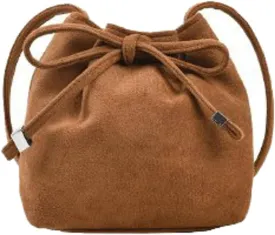 Stylish Bow Bucket Bag Shoulder Handbag Crossbody Bag with Drawstring Pleated Suede Mini Satchel Purse for Women Girls