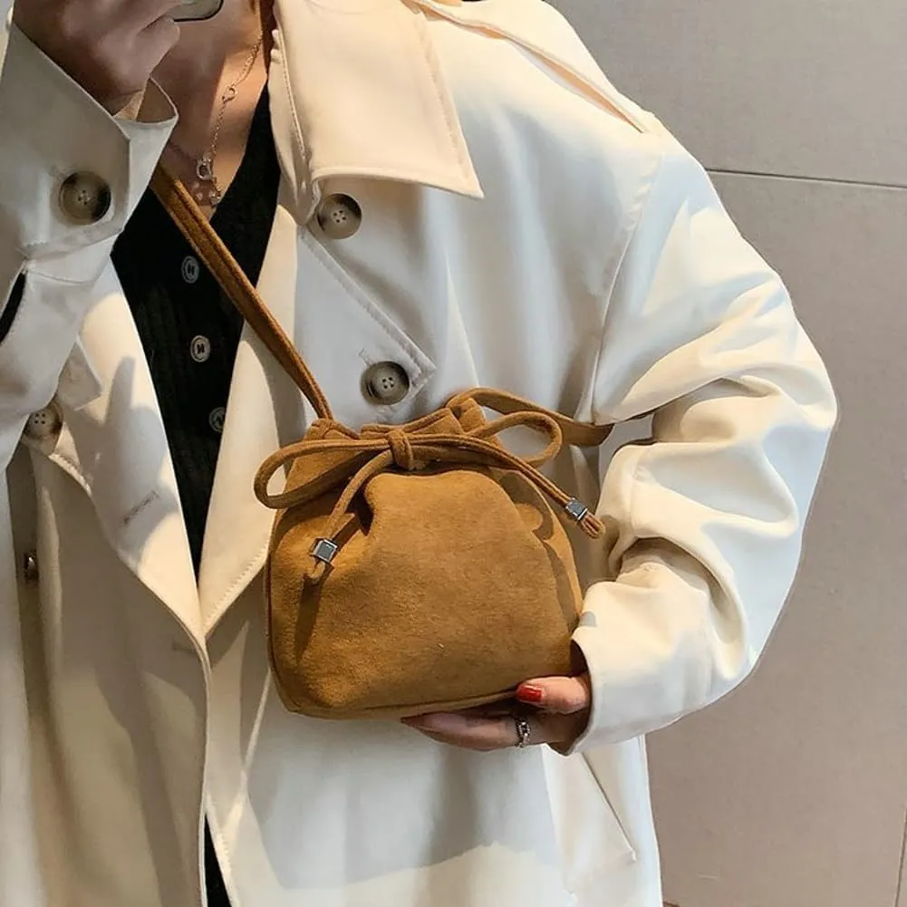 Stylish Bow Bucket Bag Shoulder Handbag Crossbody Bag with Drawstring Pleated Suede Mini Satchel Purse for Women Girls