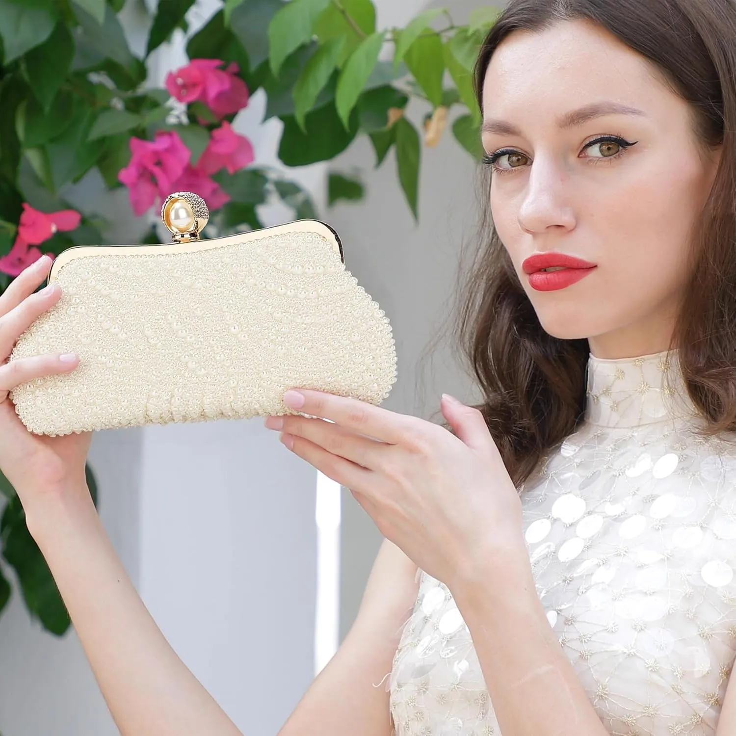 UBORSE Women Pearl Clutch Bag Noble Crystal Beaded Evening Bag Wedding Clutch with Pearl Chain
