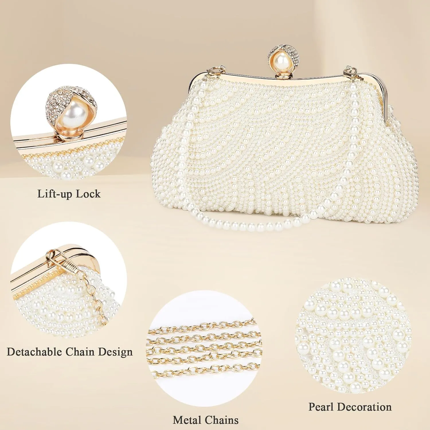 UBORSE Women Pearl Clutch Bag Noble Crystal Beaded Evening Bag Wedding Clutch with Pearl Chain