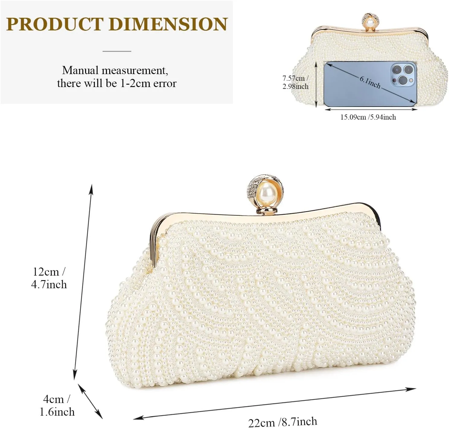 UBORSE Women Pearl Clutch Bag Noble Crystal Beaded Evening Bag Wedding Clutch with Pearl Chain