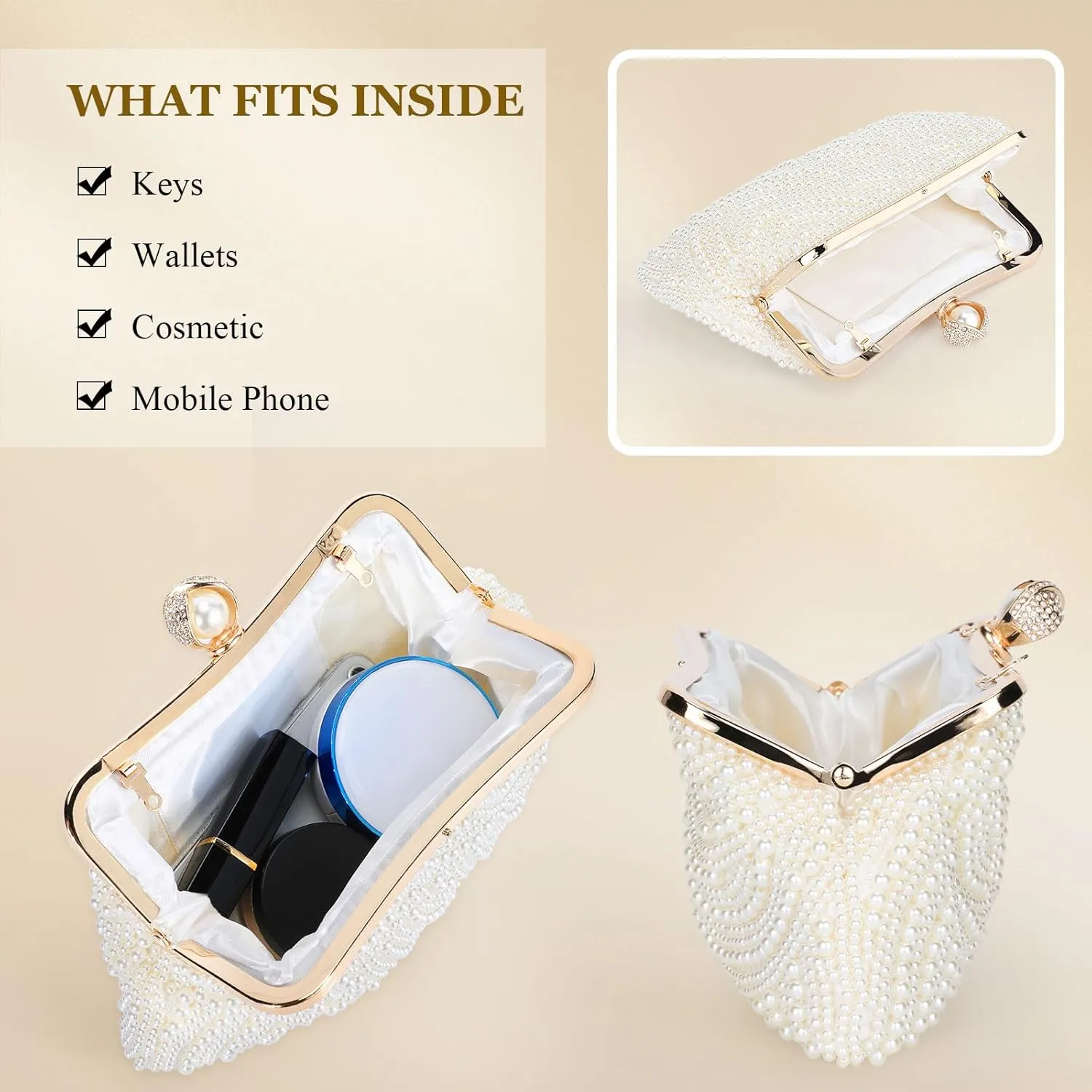 UBORSE Women Pearl Clutch Bag Noble Crystal Beaded Evening Bag Wedding Clutch with Pearl Chain