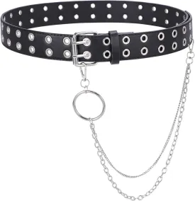 WHIPPY Double Grommet Belt for Women Men PU Leather Double Prong Buckle Vintage Punk Rock Jeans Belts
