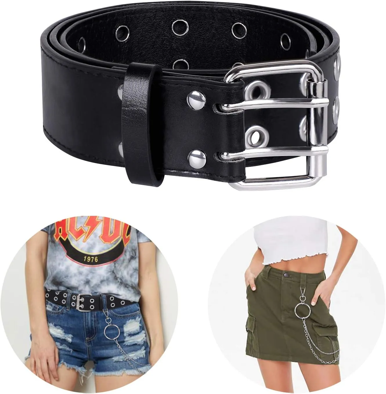 WHIPPY Double Grommet Belt for Women Men PU Leather Double Prong Buckle Vintage Punk Rock Jeans Belts