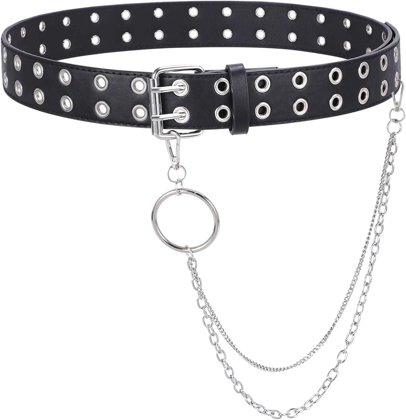 WHIPPY Double Grommet Belt for Women Men PU Leather Double Prong Buckle Vintage Punk Rock Jeans Belts