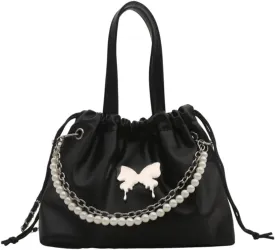 Women's Mini Bucket Bag Y2k Butterfly Satin Shoulder Bag Drawstring Handbag with Pearl Chain Small Crossbody Bag