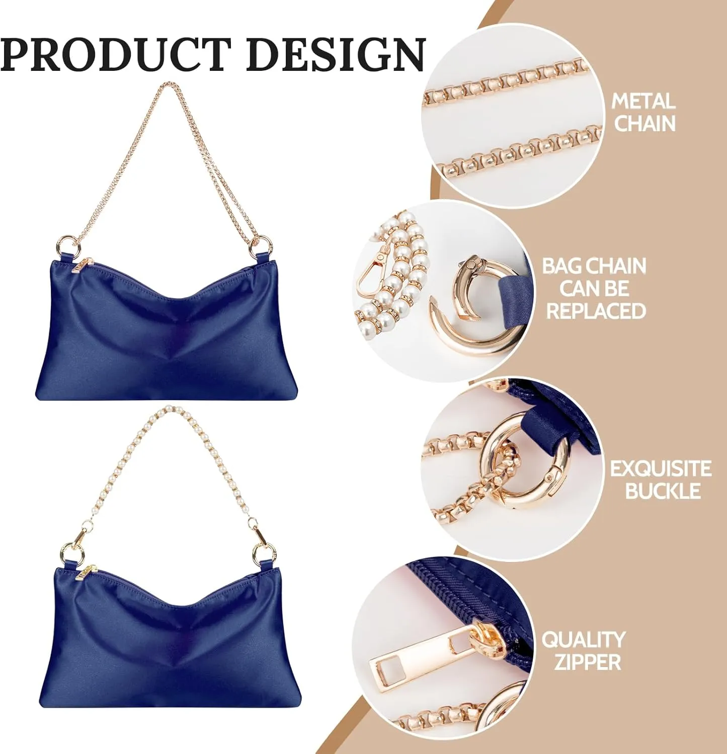 Womens Satin Evening Bag Clutch Purse Handbag for Women Wedding Shoulder Bag with 2 Chains for Formal Cocktail Party