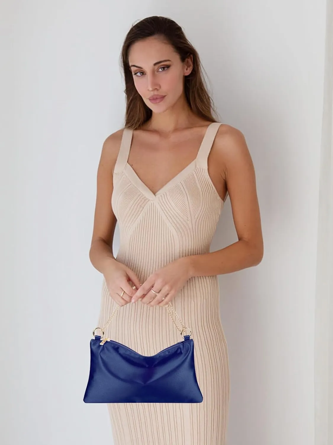 Womens Satin Evening Bag Clutch Purse Handbag for Women Wedding Shoulder Bag with 2 Chains for Formal Cocktail Party