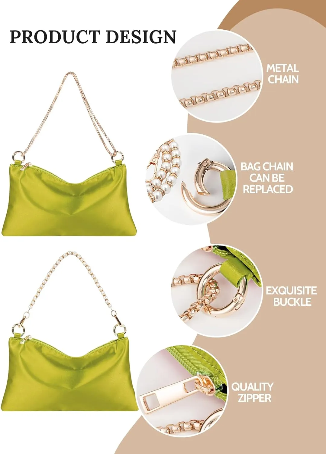 Womens Satin Evening Bag Clutch Purse Handbag for Women Wedding Shoulder Bag with 2 Chains for Formal Cocktail Party