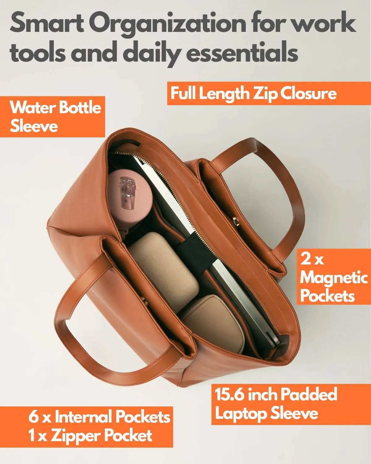 Work Tote Bags for Women 15.6 Inch - Laptop Tote Bag with Zip Compartments - Large PU Leather Office Purse Computer Briefcase - Brown