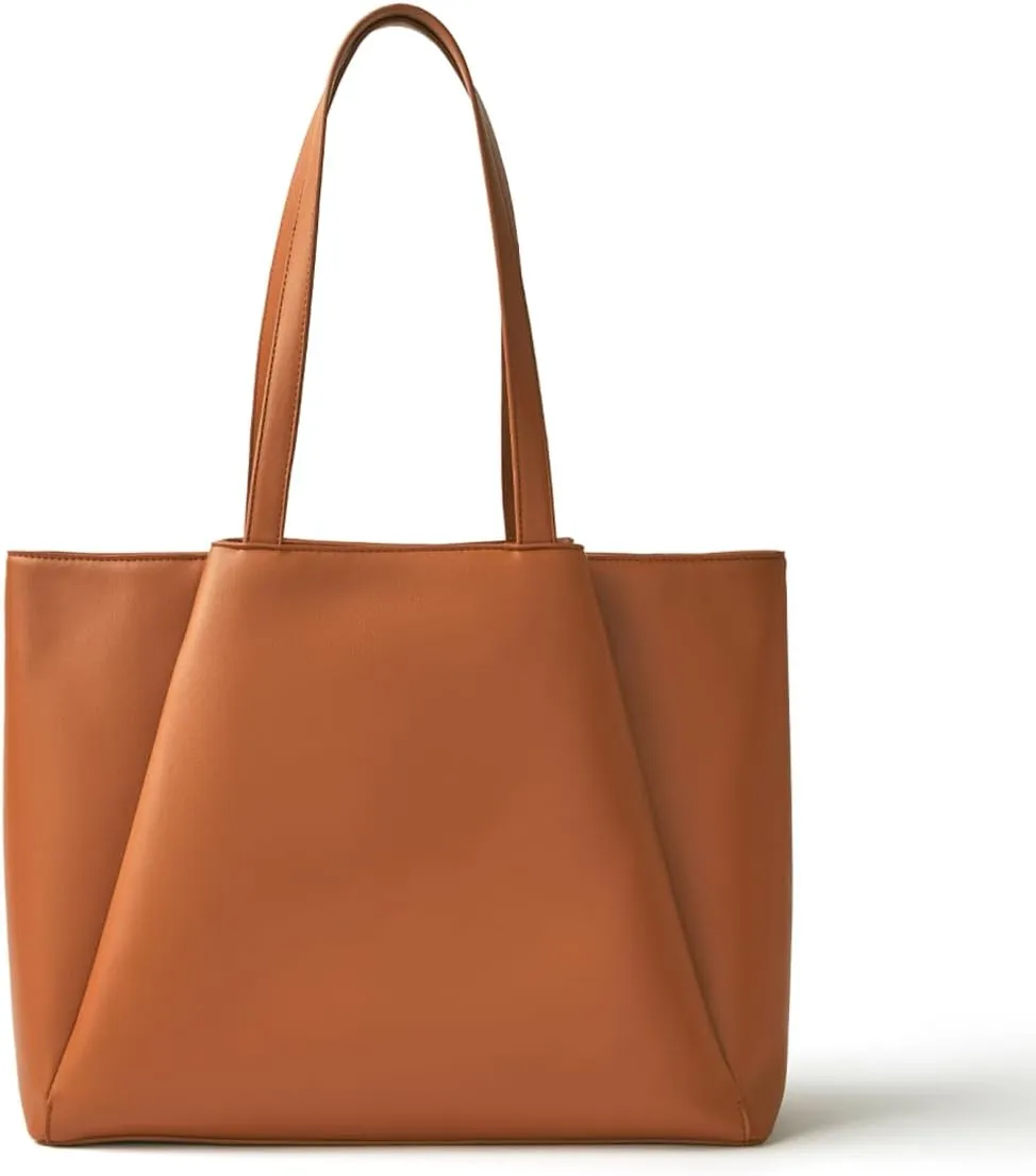 Work Tote Bags for Women 15.6 Inch - Laptop Tote Bag with Zip Compartments - Large PU Leather Office Purse Computer Briefcase - Brown